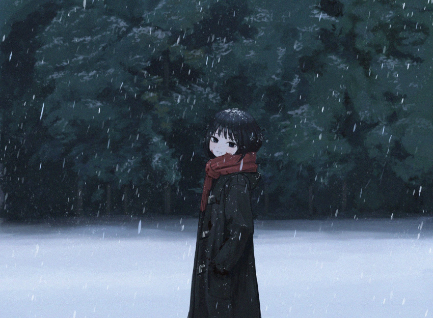 1girl :d black_coat black_eyes black_hair blood blood_on_face coat cowboy_shot day forest from_side grin hands_in_pockets head_tilt highres hood hood_down hooded_coat long_sleeves looking_at_viewer nature open_mouth original outdoors red_scarf sakiika0513 scarf short_hair smile snow snowing solo tree winter_clothes winter_coat