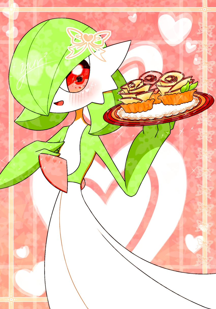 1girl artist_name blush bob_cut border bow colored_skin commentary_request flat_chest food gardevoir green_hair green_skin hair_bow hair_over_one_eye hand_on_own_chest hands_up happy heart heart_background highres holding holding_food holding_tray looking_at_viewer multicolored_skin one_eye_covered open_mouth orange_bow outside_border pokemon pokemon_(creature) red_background red_eyes short_hair signature smile solo sparkle standing symbol-shaped_pupils tart_(food) tray two-tone_skin white_skin yellow_border yuri_(fl0werspace)
