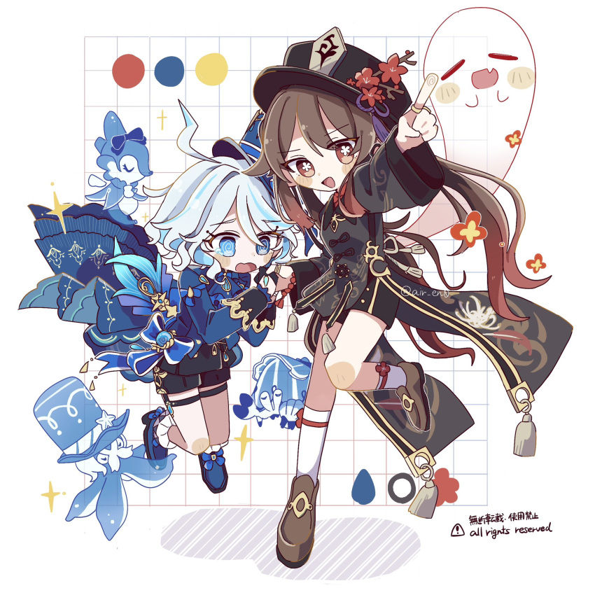 2girls @_@ ahoge air_(air_en0) black_hat black_shorts blue_eyes blue_hair blue_hat boo_tao_(genshin_impact) bracelet brown_hair flower full_body furina_(genshin_impact) genshin_impact gentilhomme_usher ghost gradient_hair hair_between_eyes hashtag-only_commentary hat hat_flower highres holding_hands hu_tao_(genshin_impact) jacket jewelry long_hair long_sleeves looking_at_viewer mademoiselle_crabaletta multicolored_hair multiple_girls open_mouth pointing red_eyes redhead ring shoes shorts sidelocks simple_background socks sparkle surintendante_chevalmarin symbol-shaped_pupils tassel thigh_strap twintails twitter_username very_long_hair white_hair white_socks