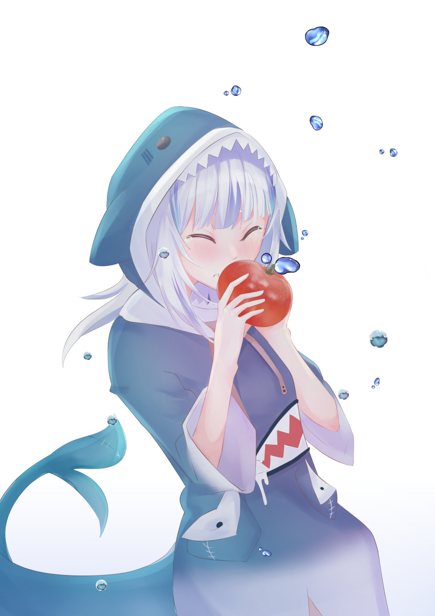 1girl absurdres animal_costume animal_hood blue_hair blue_hoodie blue_sleeves blush closed_mouth coffeed17 eating english_commentary fins fish_tail food gawr_gura gawr_gura_(1st_costume) gradient_hoodie gradient_sleeves highres holding holding_food hololive hololive_english hood hoodie indonesian_commentary multicolored_clothes multicolored_hair multicolored_hoodie multicolored_sleeves shark_costume shark_girl shark_hood shark_print shark_tail sharp_teeth solo stitched_tail streaked_hair tail tearing_up teeth tomato two-tone_hair two-tone_hoodie two-tone_sleeves virtual_youtuber water_drop white_background white_hair white_hoodie white_sleeves