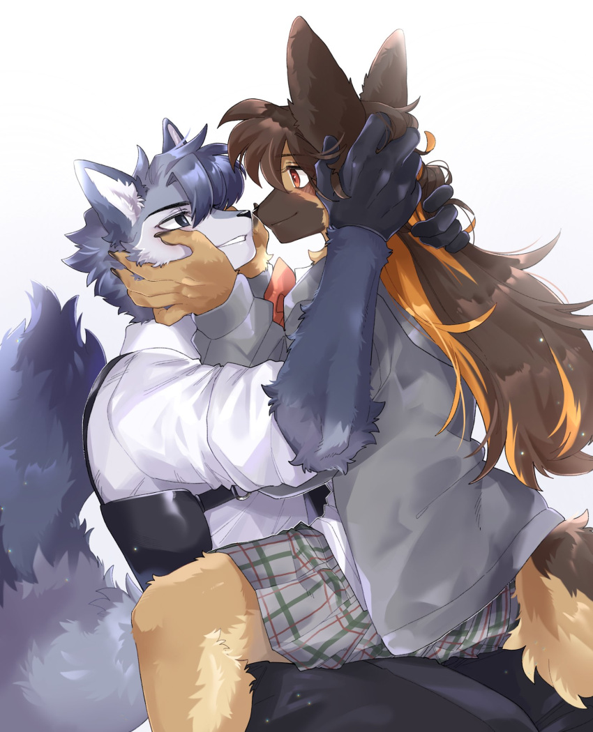 1boy 1girl animal_ears black_eyes blush body_fur bright_pupils brown_hair chest_harness collared_shirt commentary_request dog_ears dog_tail furry furry_male german_shepherd grey_fur grey_hair grey_jacket grey_skirt grin hand_on_another's_face hands_in_hair hands_on_another's_head harness hetero highres jacket long_hair long_sleeves looking_at_another multicolored_hair oji_(norahasu) orange_hair original plaid plaid_skirt rata_(norahasu) red_eyes shirt short_hair simple_background sitting sitting_on_lap sitting_on_person skirt smile streaked_hair tail upper_body very_short_hair white_background white_shirt wolf_boy wolf_ears wolf_tail