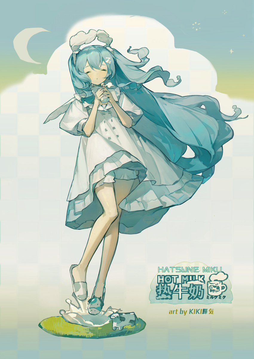 1girl absurdres artist_name bloomers blue_hair bow buttons checkered_background closed_eyes closed_mouth clouds crescent_moon dress english_commentary frilled_dress frills full_body hair_bow hair_ornament hands_up hatsune_miku highres holding kikihuihui long_hair moon own_hands_together puffy_short_sleeves puffy_sleeves short_sleeves smile solo standing standing_on_one_leg very_long_hair vocaloid water watermark white_bow white_dress wings