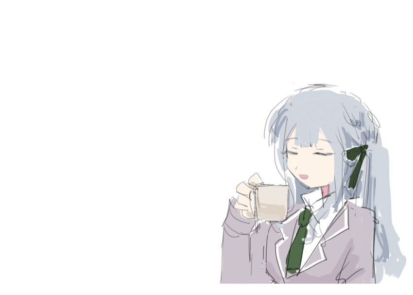 1girl bang_dream! bang_dream!_it's_mygo!!!!! blue_hair closed_eyes collared_shirt commentary_request cup green_necktie green_ribbon grey_jacket hair_ribbon highres holding holding_cup jacket long_hair long_sleeves necktie odore_(suzukisakana001) ribbon shirt simple_background smile solo teacup togawa_sakiko two_side_up upper_body very_long_hair white_background white_shirt