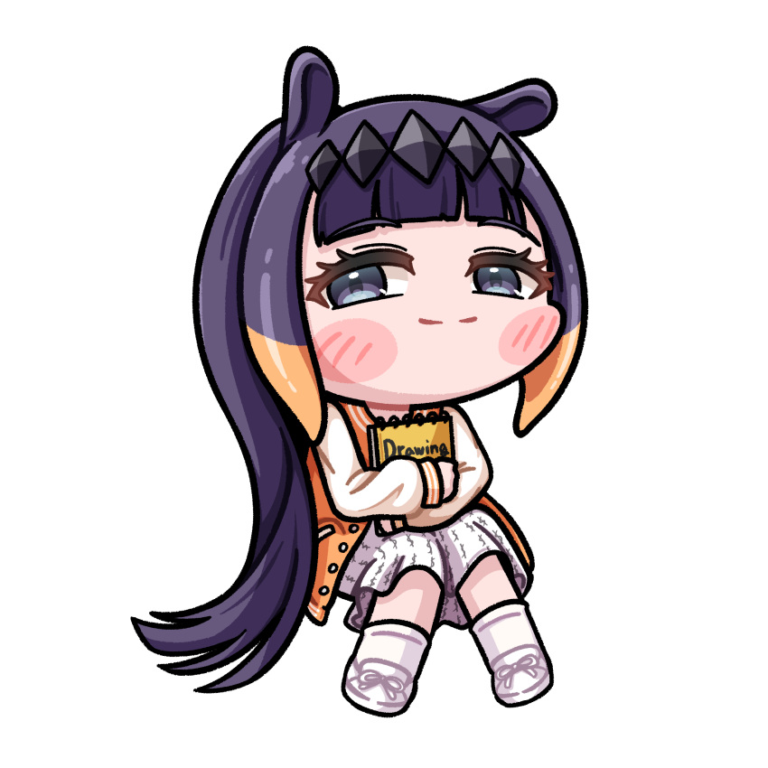 1girl alternate_costume animal_ears black_hair blunt_bangs blush_stickers center-flap_bangs chibi chibi_only closed_mouth commentary_request dress full_body gradient_hair graphite_(medium) grey_eyes headpiece highres holding holding_sketchbook hololive hololive_english jacket kkeulna korean_commentary letterman_jacket long_hair looking_at_viewer multicolored_clothes multicolored_hair multicolored_jacket ninomae_ina'nis orange_hair orange_jacket ponytail purple_hair raglan_sleeves sidelocks simple_background sketchbook smile solo straight_hair tentacle_hair traditional_media two-tone_jacket very_long_hair virtual_youtuber white_background white_dress white_footwear white_jacket white_sleeves