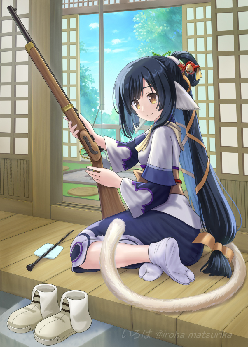 1girl absurdres animal_ears bell black_dress black_hair blue_hair blue_sky breasts brown_eyes brown_footwear brown_ribbon closed_mouth clouds commentary_request commission day dress gun hair_bun hair_ribbon highres holding holding_gun holding_weapon iroha_(iroha_matsurika) jingle_bell kuon_(utawarerumono) layered_sleeves long_hair long_sleeves multicolored_hair obi outdoors pixiv_commission ribbon sash shoes short_over_long_sleeves short_sleeves sky small_breasts smile soles solo tabi tail two-tone_hair unworn_shoes utawarerumono utawarerumono:_itsuwari_no_kamen very_long_hair weapon weapon_request wide_sleeves