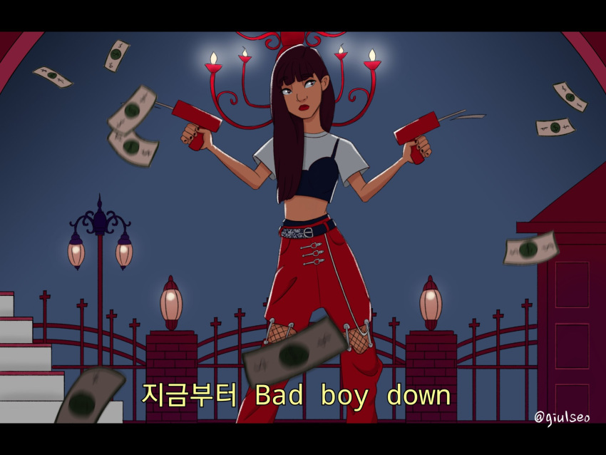 1girl animification artofgiuls blunt_bangs chandelier commentary crop_top english_text hair_behind_ear highres holding k-pop korean_text lantern letterboxed long_hair money_rain pants red_lips red_pants red_velvet_(group) seulgi_(red_velvet) short_sleeves solo twitter_username