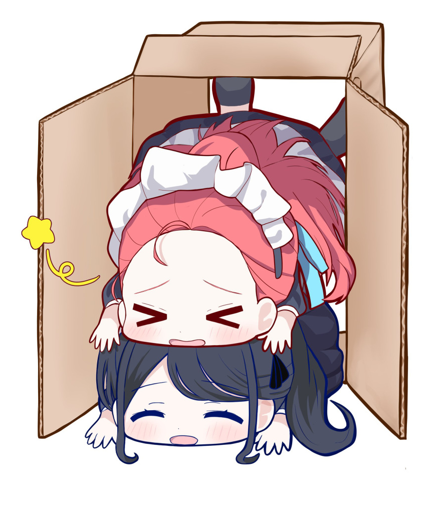 &gt;_&lt; 2girls :d ^_^ aoraine apron aris_(blue_archive) aris_(maid)_(blue_archive) black_footwear black_hair blue_archive blue_ribbon blush box cardboard_box chibi closed_eyes commentary_request fallen_down forehead hair_ribbon highres long_hair lying lying_on_person maid maid_apron maid_headdress multiple_girls no_halo on_stomach open_mouth parted_bangs ponytail redhead ribbon simple_background smile star_(symbol) swept_bangs very_long_hair wavy_mouth white_background yuzu_(blue_archive) yuzu_(maid)_(blue_archive)