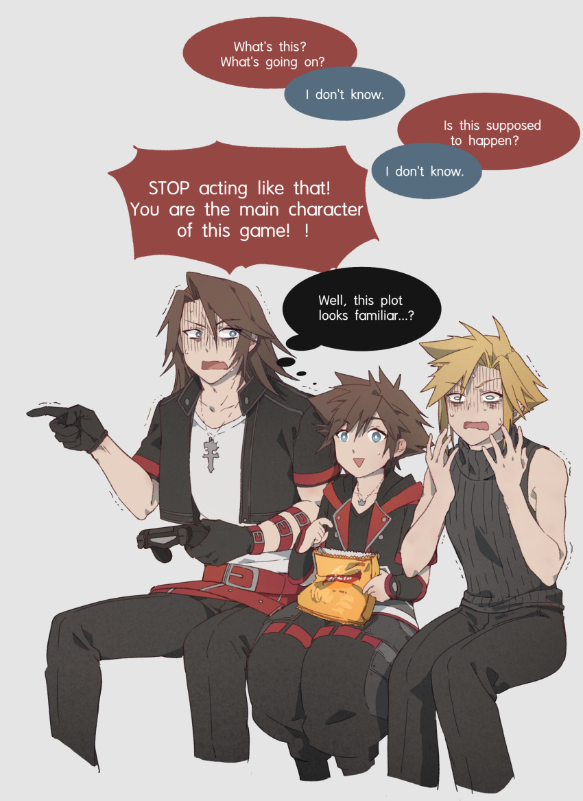 3boys absurdres arm_strap bag_of_chips belt black_gloves black_jacket black_pants black_shirt black_sweater blonde_hair blue_eyes bright_pupils brown_hair cloud_strife commentary controller cropped_jacket english_commentary english_text fermium.ice final_fantasy final_fantasy_vii final_fantasy_vii_remake final_fantasy_viii food game_console gloves grey_background hands_up highres holding holding_controller holding_food invisible_chair jacket jewelry kingdom_hearts kingdom_hearts_ii kingdom_hearts_iii long_hair male_focus multiple_belts multiple_boys necklace no_armor no_gloves open_clothes open_jacket open_mouth pants parted_bangs pendant playstation_4 pointing puffy_pants red_belt scar scar_on_face scared shaded_face shirt short_hair short_sleeves simple_background sitting sleeveless sleeveless_sweater sora_(kingdom_hearts) speech_bubble spiky_hair squall_leonhart sweat sweatdrop sweater thought_bubble trembling turtleneck turtleneck_sweater upper_body v-neck white_shirt