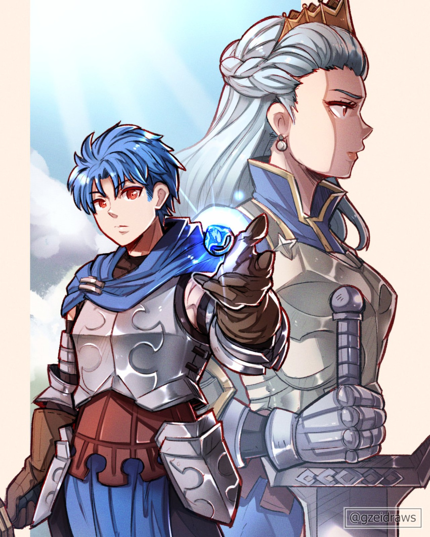 1boy 1girl alain_(unicorn_overlord) armor blue_cape blue_hair blue_sky brown_gloves cape closed_mouth clouds commentary crown earrings english_commentary faulds gauntlets gloves glowing gzei highres ilenia_(unicorn_overlord) jewelry long_hair looking_ahead queen red_eyes short_hair sky sphere_earrings sunlight unicorn_overlord