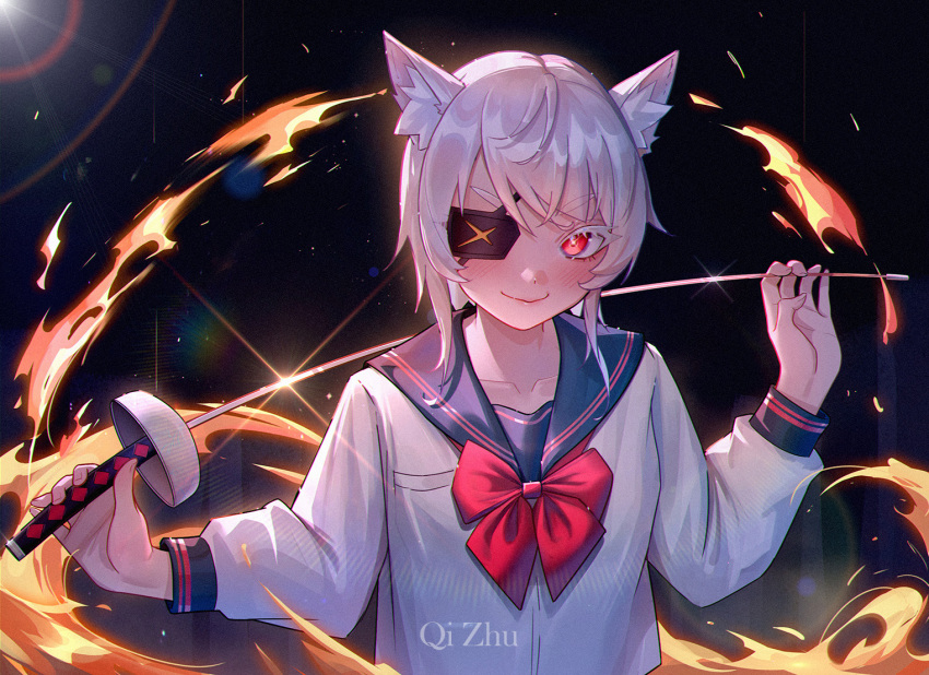 &gt;:) 1girl rn animal_ear_fluff animal_ears artist_name black_background blue_sailor_collar borrowed_character bow bowtie breast_pocket breasts cat_ears cat_girl collarbone colored_eyelashes dot_nose eyepatch fire grey_hair holding holding_sword holding_weapon lens_flare light_blush light_particles long_sleeves looking_at_viewer medium_hair original pocket puffy_long_sleeves puffy_sleeves pyrokinesis qizhu red_bow red_bowtie red_eyes saber_(weapon) sailor_collar shirt sidelocks simple_background small_breasts sparkle swept_bangs sword upper_body v-shaped_eyebrows weapon white_shirt
