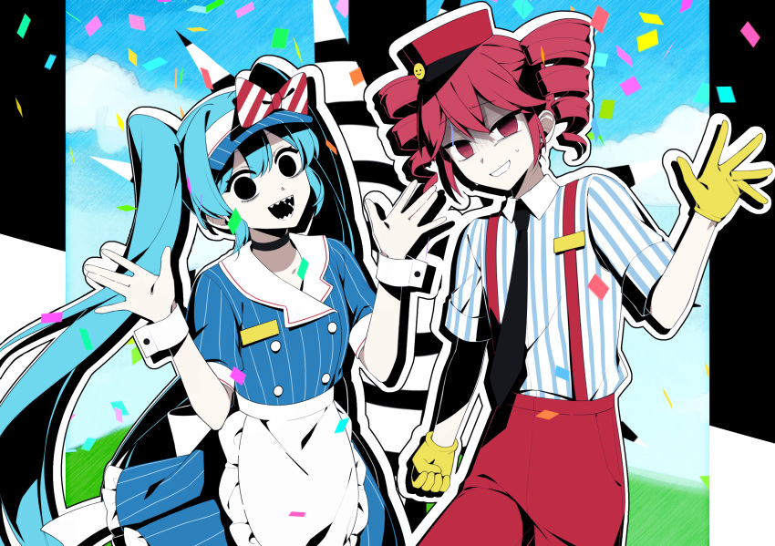 2girls apron black_choker black_eyes black_necktie blue_dress blue_hair bow buttons chio_(akiciou) choker collared_shirt commentary confetti diagonal-striped_bow double-breasted dress drill_hair empty_eyes frilled_apron frills gloves hair_intakes hand_up hands_up hat hatsune_miku highres kasane_teto long_hair mesmerizer_(vocaloid) multiple_girls necktie open_mouth pants puffy_short_sleeves puffy_sleeves red_eyes red_hat red_pants redhead sharp_teeth shirt short_sleeves smile striped_clothes striped_dress striped_shirt suspenders sweat teeth twin_drills twintails utau vertical-striped_clothes vertical-striped_dress vertical-striped_shirt visor_cap vocaloid waist_apron waitress white_apron white_shirt white_wrist_cuffs wrist_cuffs yellow_gloves