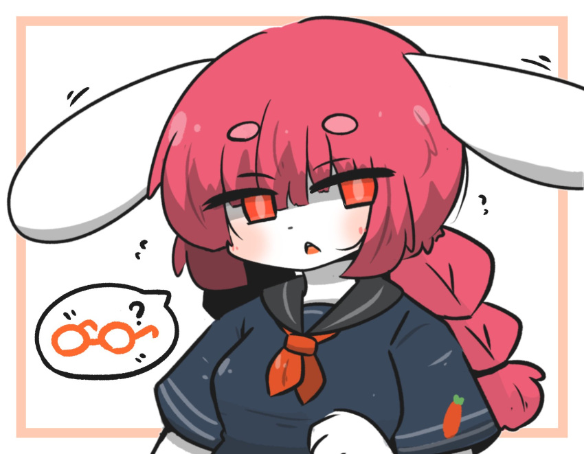 1girl ? animal_ears black_sailor_collar black_shirt blush braid breasts brown_background commentary_request flying_sweatdrops hair_between_eyes highres long_hair looking_at_viewer low_twintails neckerchief orange_eyes orange_neckerchief original parted_lips rabbit_ears redhead sailor_collar school_uniform serafuku shirt short_eyebrows short_sleeves small_breasts solo spoken_object thick_eyebrows twin_braids twintails two-tone_background uni_souchou upper_body white_background