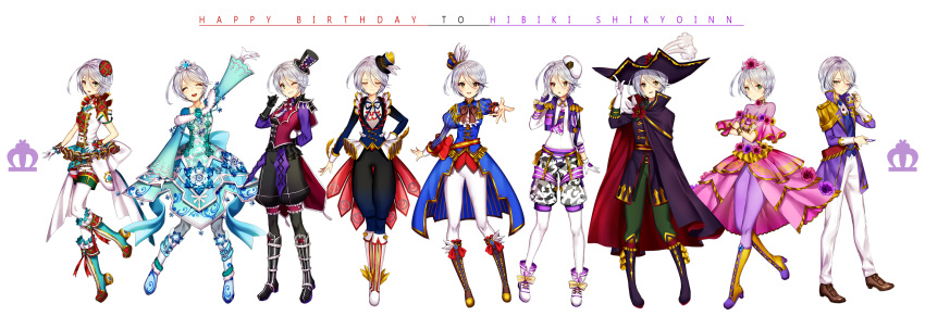 1girl adjusting_hair animal_print arm_behind_back arm_up bad_id bad_pixiv_id beret black_cape black_footwear black_hat black_pants blue_coat blue_dress blue_footwear blue_ribbon boots breasts brown_footwear cape character_name closed_mouth coat crown dress epaulettes facing_viewer flower full_body fur-trimmed_dress fur_trim gambe gloves gold_trim green_eyes green_pants grey_hair hair_between_eyes hand_on_own_hip hand_up happy_birthday hat highres index_finger_raised jacket juliet_sleeves knee_boots long_sleeves looking_at_viewer looking_to_the_side mini_crown mini_hat mini_top_hat multiple_views neck_ribbon one_eye_closed open_mouth outstretched_arm pants pink_flower pink_skirt plaid_headwear pretty_series print_dress print_pants pripara puffy_sleeves purple_flower purple_jacket purple_pants purple_shirt reaching reaching_towards_viewer ribbon shikyoin_hibiki shirt shoes short_hair shorts skirt small_breasts smile snowflake_print standing standing_on_one_leg tiara top_hat white_background white_footwear white_gloves white_hat white_shirt white_shorts wide_brim