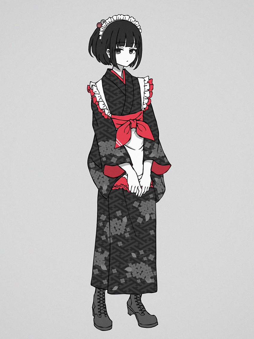 1girl amemori_sayo apron black_eyes black_footwear black_hair black_kimono boots closed_mouth colored_skin cross-laced_footwear expressionless floral_print frilled_apron frills full_body grey_background highres japanese_clothes kimono kojitsunagi_(pattern) lace-up_boots limited_palette long_bangs long_sleeves looking_at_viewer maid maid_headdress nijisanji nkymyura obi own_hands_together print_kimono sash short_hair simple_background solo virtual_youtuber wa_maid white_apron white_skin wide_sleeves