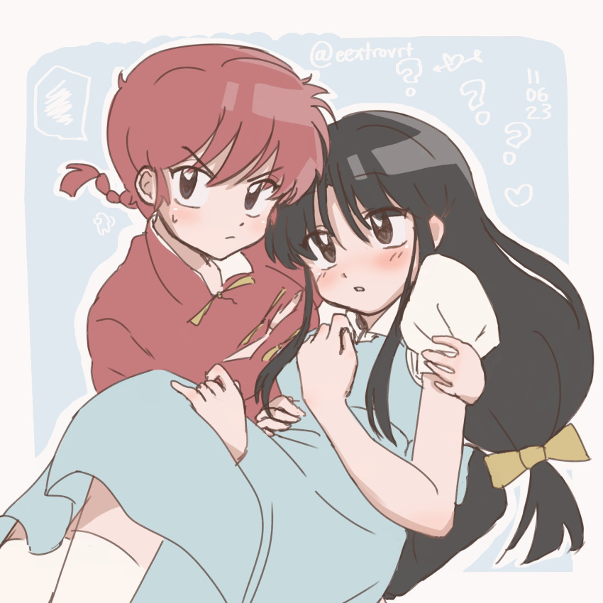 2girls blush bow braid braided_ponytail breasts chinese_clothes closed_mouth eextrovrt fuurinkan_high_school_uniform hair_bow heart highres holding long_hair multiple_girls ranma-chan ranma_1/2 redhead school_uniform tangzhuang tendou_akane yellow_bow