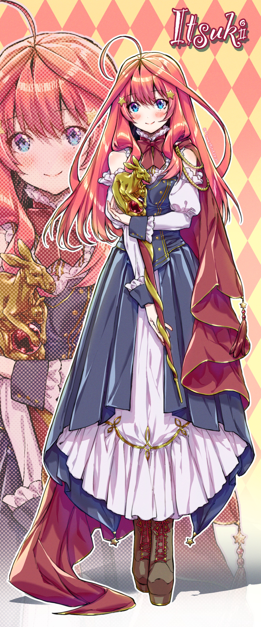 1girl absurdres ahoge blue_dress blue_eyes blush boots brown_footwear cane cape character_name clothing_cutout dress frilled_dress frills full_body go-toubun_no_hanayome hair_ornament highres holding holding_cane long_dress long_sleeves looking_at_viewer nakano_itsuki neck_ribbon platform_boots platform_footwear red_cape red_ribbon redhead ribbon shoulder_cutout solo standing star_(symbol) star_hair_ornament twintails two-tone_dress white_dress yu_(flowerbird3830) zoom_layer
