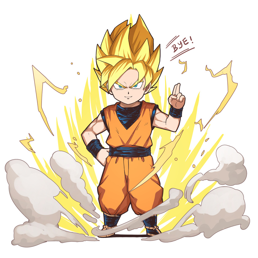 &gt;:) 1boy blonde_hair blue_eyes blue_shirt brown_footwear chibi closed_mouth dougi dragon_ball full_body hand_up highres jchoy looking_at_viewer male_focus salute shirt sleeveless sleeveless_shirt smile smoke solo son_goku standing super_saiyan thick_eyebrows two-finger_salute two-tone_background v-shaped_eyebrows white_background yellow_background