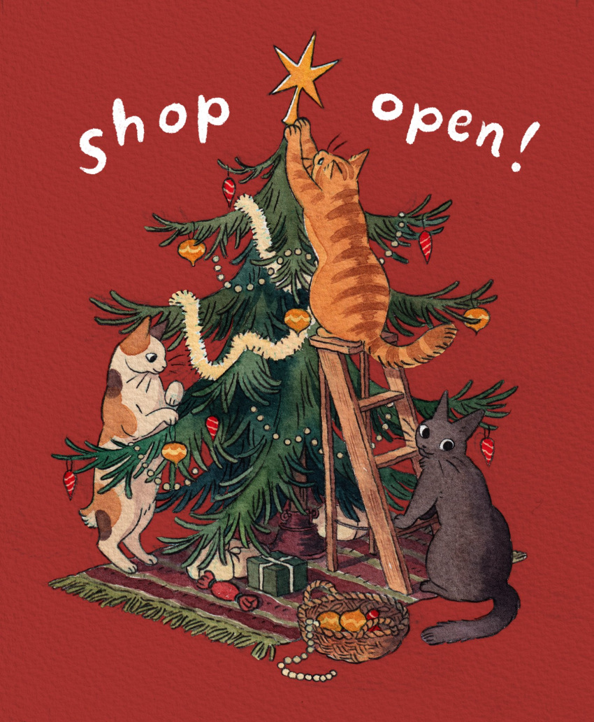 animal_focus black_cat black_eyes black_fur calico candy cat christmas christmas_ornaments christmas_tree english_text food from_behind garland_(decoration) gift heikala highres ladder looking_at_viewer looking_back looking_to_the_side multiple_cats no_humans orange_cat orange_fur original red_background rug simple_background wrapped_candy