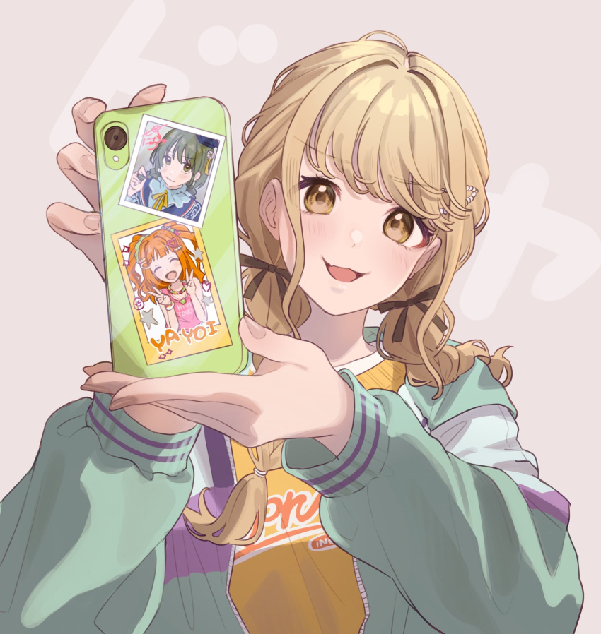 1girl blonde_hair blush braid cellphone fingernails fujita_kotone gakuen_idolmaster hair_ribbon hashtag_only_commentary head_tilt highres holding holding_phone idolmaster idolmaster_(classic) idolmaster_shiny_colors in-franchise_crossover jacket looking_at_viewer multicolored_clothes multicolored_jacket nanakusa_nichika phone photo_(object) ribbon shirt simple_background smile solo takatsuki_yayoi tanupon twin_braids upper_body yellow_shirt