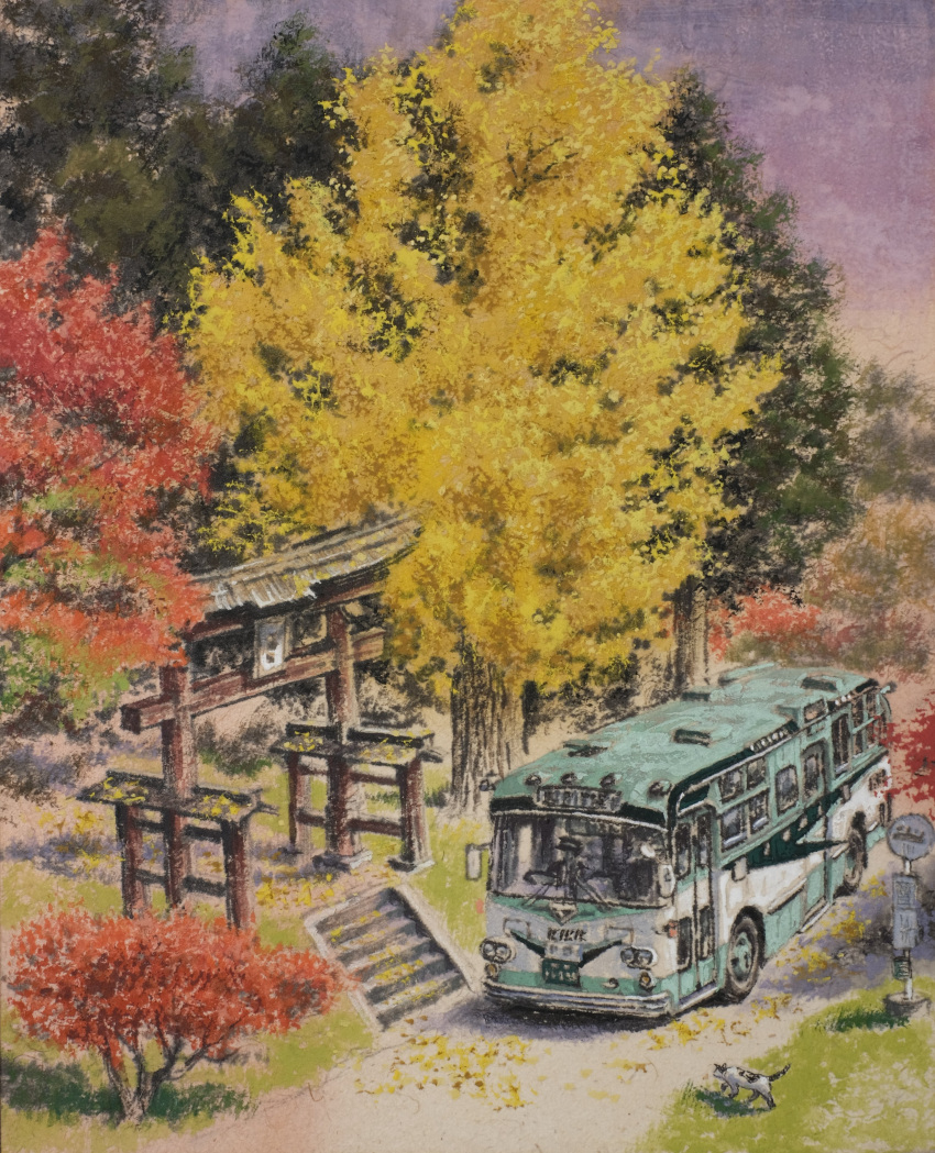 1other absurdres bus bush highres maple_tree motor_vehicle original road_sign sign stairs tanamachi_yoshihiro torii tree