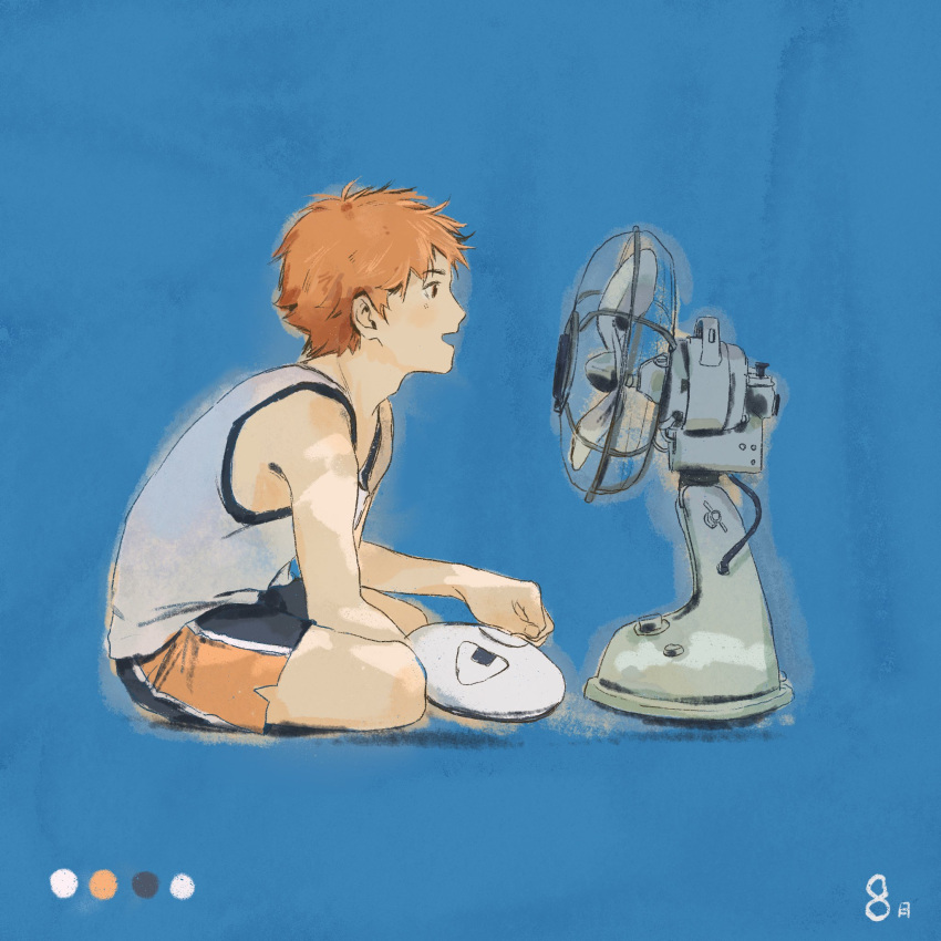1boy bare_arms bare_legs bare_shoulders black_shorts blue_background color_guide commentary electric_fan fingernails from_side full_body haikyuu!! hashtag-only_commentary highres hinata_shouyou looking_at_object male_focus open_mouth orange_eyes orange_hair short_hair shorts simple_background smile solo tank_top tuuuuuututu white_tank_top