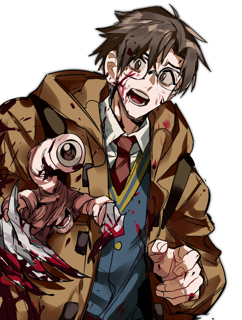 1boy absurdres blood blood_on_clothes blood_on_face blood_on_hands brown_eyes brown_hair brown_jacket claws collared_shirt creature extra_eyes extra_mouth glasses highres izumi_shin'ichi jacket kiseijuu looking_at_viewer male_focus migi necktie open_mouth parasite red_necktie school_uniform shirt sweat upper_body white_background white_shirt xi_luo_an_ya