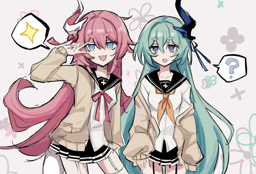 2girls :d ? black_sailor_collar black_skirt blue_eyes bow brown_cardigan brown_neckerchief cardigan commentary_request fang floral_background garter_straps green_hair grey_background hair_between_eyes hand_up honkai_(series) honkai_impact_3rd liliya_olenyeva long_hair long_sleeves looking_at_viewer macaroni_0101 multiple_girls neckerchief off_shoulder open_cardigan open_clothes pink_hair pleated_skirt puffy_long_sleeves puffy_sleeves red_bow rozaliya_olenyeva sailor_collar school_uniform serafuku shirt short_eyebrows simple_background skirt smile spoken_question_mark spoken_sparkle standing thick_eyebrows thigh-highs v_over_eye very_long_hair white_shirt white_thighhighs