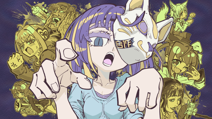 1girl :o blonde_hair blue_eyes blue_shirt breasts cevio character_background collarbone colored_eyelashes dedeen fox_mask hands_up highres looking_at_viewer mask mask_on_head mask_over_one_eye multicolored_hair open_mouth outstretched_arms phony_(cevio) purple_background purple_hair shirt slit_pupils small_breasts solo streaked_hair upper_body zombie_pose