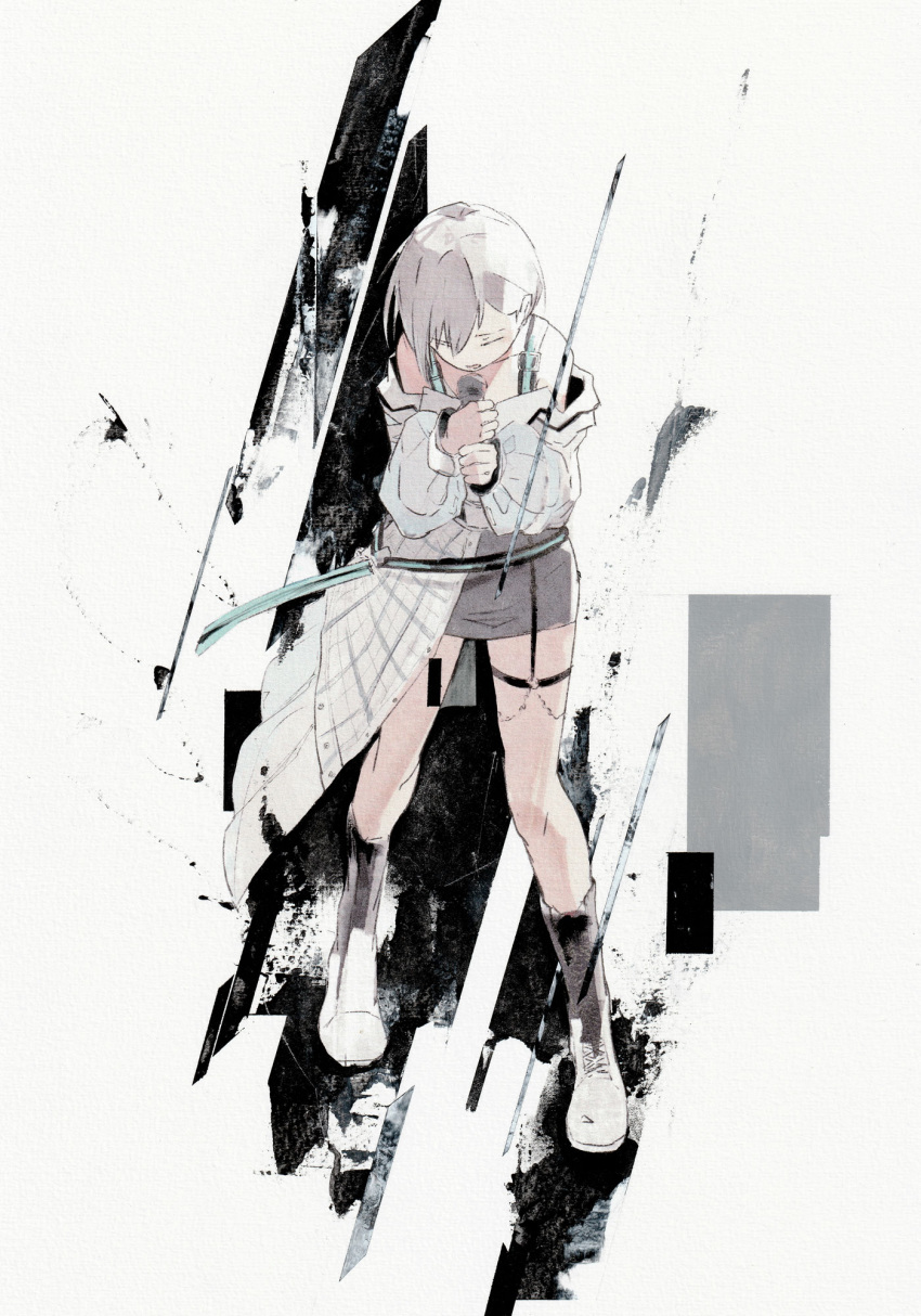 1girl abstract_background bang_dream! bang_dream!_it's_mygo!!!!! black_footwear boots closed_eyes commentary_request full_body grey_background grey_hair grey_skirt highres holding holding_microphone jacket kushima_yu long_sleeves microphone music o-ring o-ring_thigh_strap off_shoulder open_mouth sailor_collar short_hair singing skirt takamatsu_tomori thigh_strap white_jacket