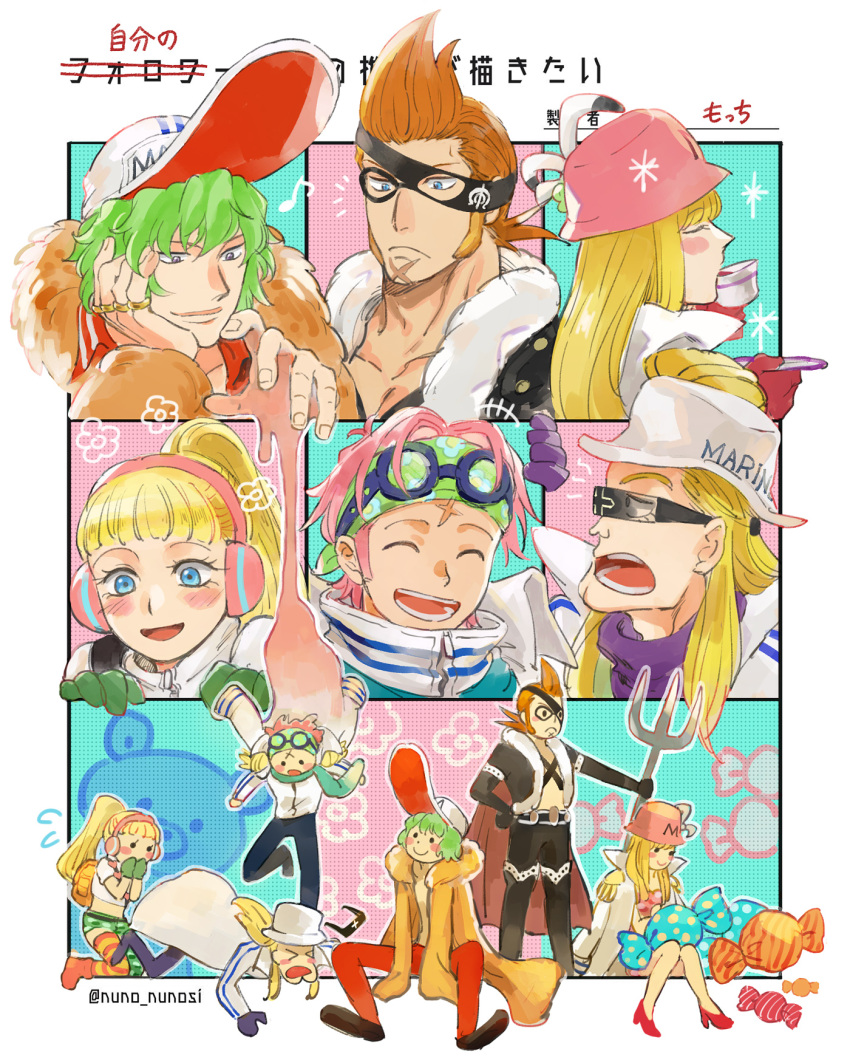 2girls 4boys baseball_cap blonde_hair blue_eyes blush candy clay closed_eyes clothes_writing cup devil_fruit_power drinking epaulettes food gloves goggles green_gloves green_hair green_headband hat headband headphones helmeppo hibari_(one_piece) high_collar highres holding holding_cup holding_trident jewelry koby_(one_piece) kujaku_(one_piece) long_hair marine_uniform_(one_piece) medium_hair mocchi_(mkz) multiple_boys multiple_girls multiple_rings one_piece open_mouth orange_hair pink_hair ponytail prince_grus ring scar scar_on_face short_hair sideburns smile sunglasses surprised teacup teeth twitter_username violet_eyes x_drake