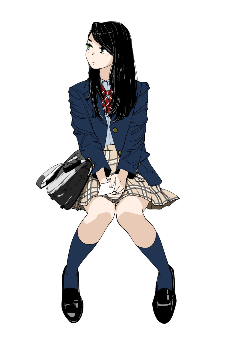1girl black_bag black_footwear black_hair blue_jacket blue_shirt blue_socks bow bowtie brown_skirt diagonal-striped_bow diagonal-striped_bowtie diagonal-striped_clothes full_body green_eyes highres holding holding_paper jacket knees_together_feet_apart loafers long_hair looking_to_the_side original paper plaid plaid_skirt pleated_skirt red_bow red_bowtie sakamoto_giulietta shirt shoes sitting skirt socks solo striped_bow striped_bowtie striped_clothes