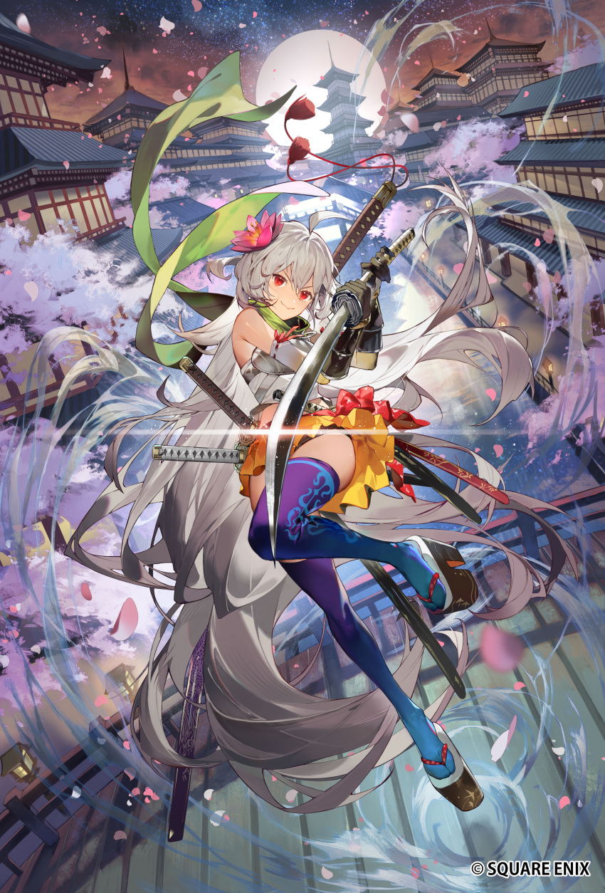 1boy 1girl absurdres ahoge bare_shoulders blue_thighhighs breasts closed_mouth elbow_gloves emperors_saga flower full_body gloves green_scarf hair_between_eyes hair_flower hair_ornament highres holding holding_sword holding_weapon jumping katana kazeto knee_up long_hair looking_at_viewer maka_(saga) medium_breasts midriff multiple_swords official_art platform_footwear red_eyes saga sandals scabbard scarf sheath shorts skirt smile solo square_enix sword thigh-highs watermark weapon white_hair yellow_skirt