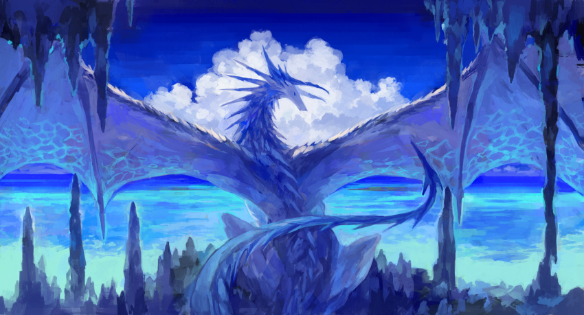 animal_focus blue_sky blue_theme clouds commentary day dragon from_behind highres horizon horns looking_back no_humans ocean original outdoors sakaya313 scenery sky solo spread_wings stalactite stalagmite tail water western_dragon