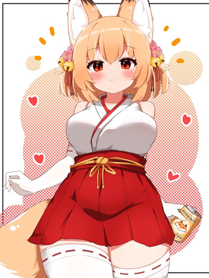 1girl animal_ear_fluff animal_ears bare_shoulders beer_can bell berusa_(berutoo) blonde_hair blush borrowed_character breasts c: can cowboy_shot dithering drink_can elbow_gloves flower fox_ears fox_girl fox_tail gloves hair_bell hair_flower hair_ornament hair_ribbon hakama hakama_skirt heart highres holding holding_can inset_border japanese_clothes jingle_bell kosuzu_rin-chan large_breasts looking_at_viewer medium_hair miko nontraditional_miko notice_lines original pleated_skirt red_eyes red_hakama ribbon ribbon-trimmed_gloves ribbon-trimmed_thighhighs ribbon_trim rope_belt skirt smile solo split_mouth tail taut_clothes taut_skirt thigh-highs white_background white_thighhighs zettai_ryouiki