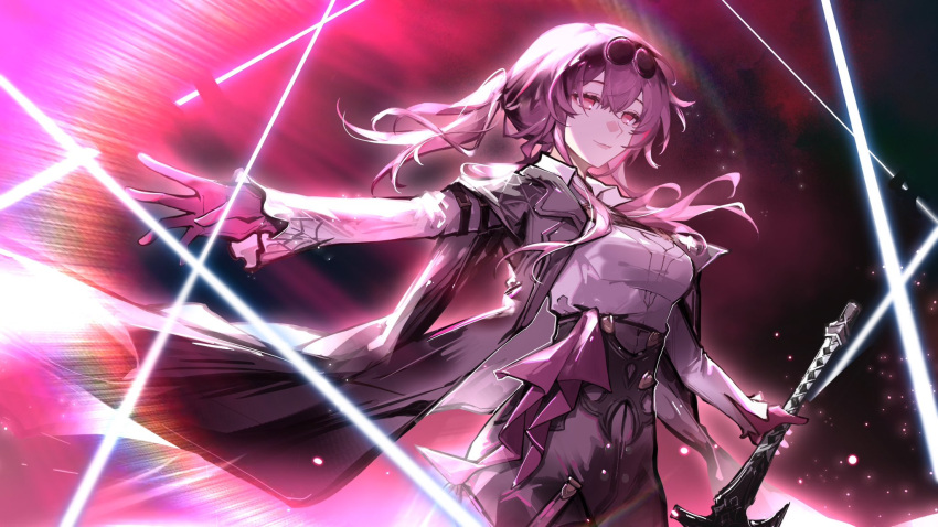 1girl black_jacket black_shorts breasts closed_mouth collared_shirt cowboy_shot eyewear_on_head gloves hair_between_eyes high-waist_shorts highres holding holding_sword holding_weapon honkai:_star_rail honkai_(series) jacket kafka_(honkai:_star_rail) large_breasts lens_flare light_particles long_hair long_sleeves looking_at_viewer luan_teng pantyhose pantyhose_under_shorts pince-nez ponytail purple_gloves purple_hair round_eyewear shirt shorts sidelocks smile solo sunglasses sword violet_eyes weapon white_shirt