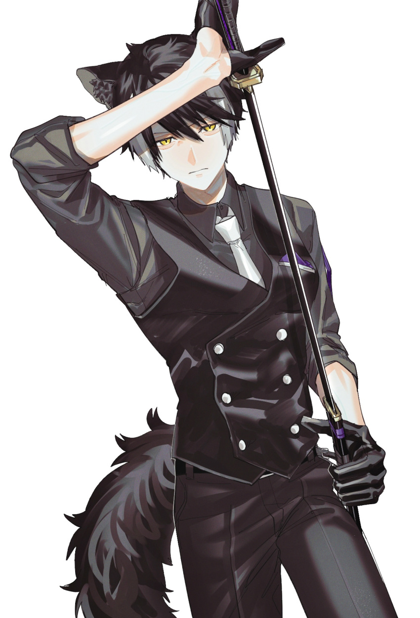 1boy animal_ear_fluff animal_ears belt black_gloves black_hair black_pants black_shirt buttons closed_mouth collared_shirt cowboy_shot double-breasted dutch_angle gloves grey_shirt hand_up highres holostars jackal_boy jackal_ears jackal_tail kageyama_shien katana looking_at_viewer male_focus momiage_40 multicolored_hair necktie pants sheath shirt short_hair simple_background solo streaked_hair sword unsheathing vest virtual_youtuber weapon white_background white_hair white_necktie yellow_eyes
