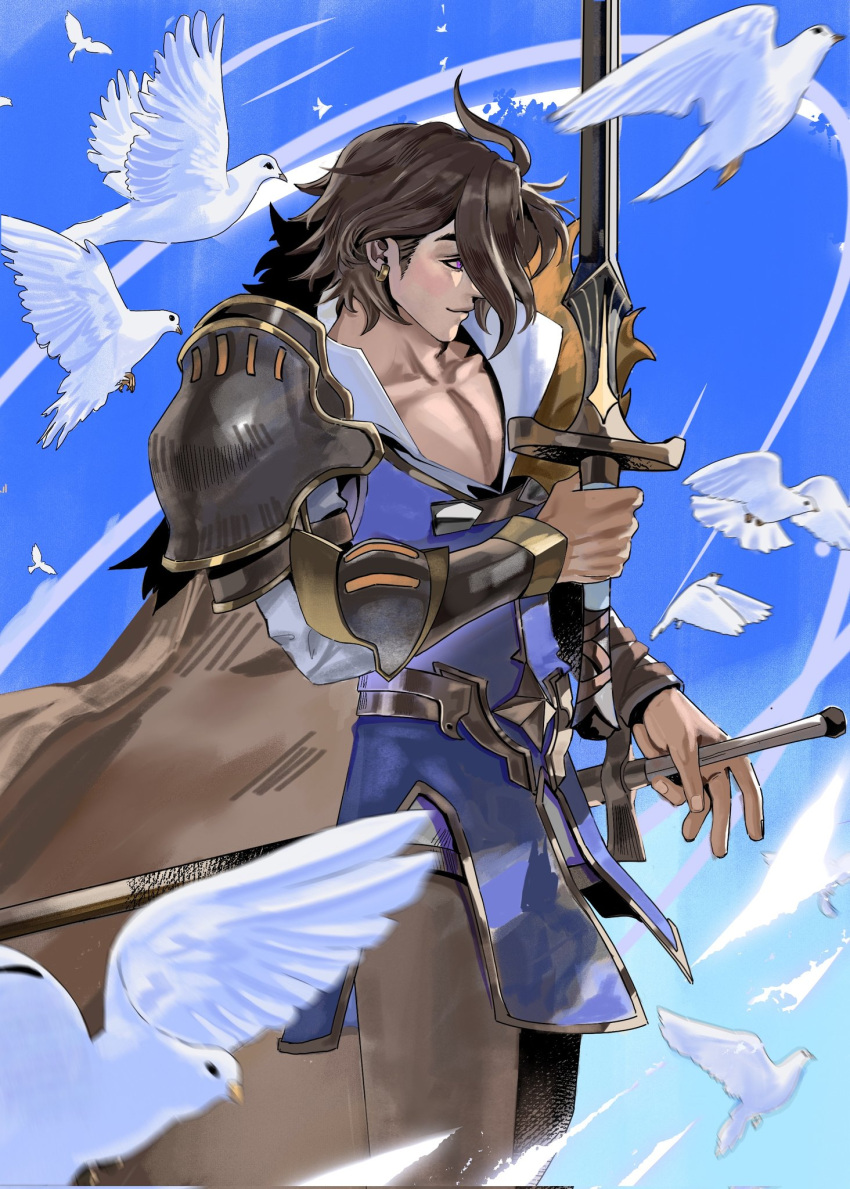 1boy afk_journey bird blue_cape blue_pants blue_shirt blue_sky brown_hair cape dove dual_wielding hashtag-only_commentary highres holding holding_sword holding_weapon looking_to_the_side male_focus muscular muscular_male orange_eyes pants pectoral_cleavage pectorals profile sheath sheathed shirt sky smile sword urie018 valen_(afk_journey) weapon