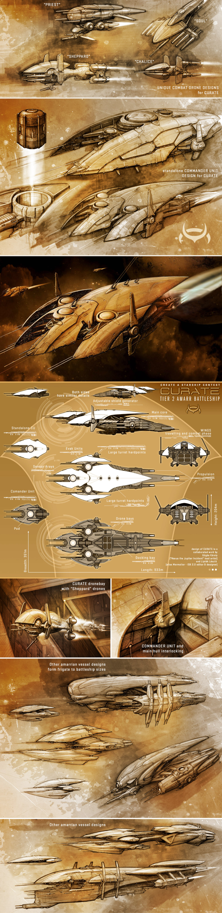 absurdres amarr_empire_(eve_online) battleship_(eve_online) beam_cannon brown_theme cannon combat_drone_(eve_online) commentary concept_art cruiser_(eve_online) drone emblem energy energy_beam energy_cannon english_text eve_online firing fleet flying frigate_(eve_online) glowing hangar highres laser laser_cannon machinery military_vehicle monochrome multiple_views nexusdesigner no_humans original outdoors planet radio_antenna reference_sheet science_fiction space spacecraft starfighter tall_image thrusters turret vehicle_focus