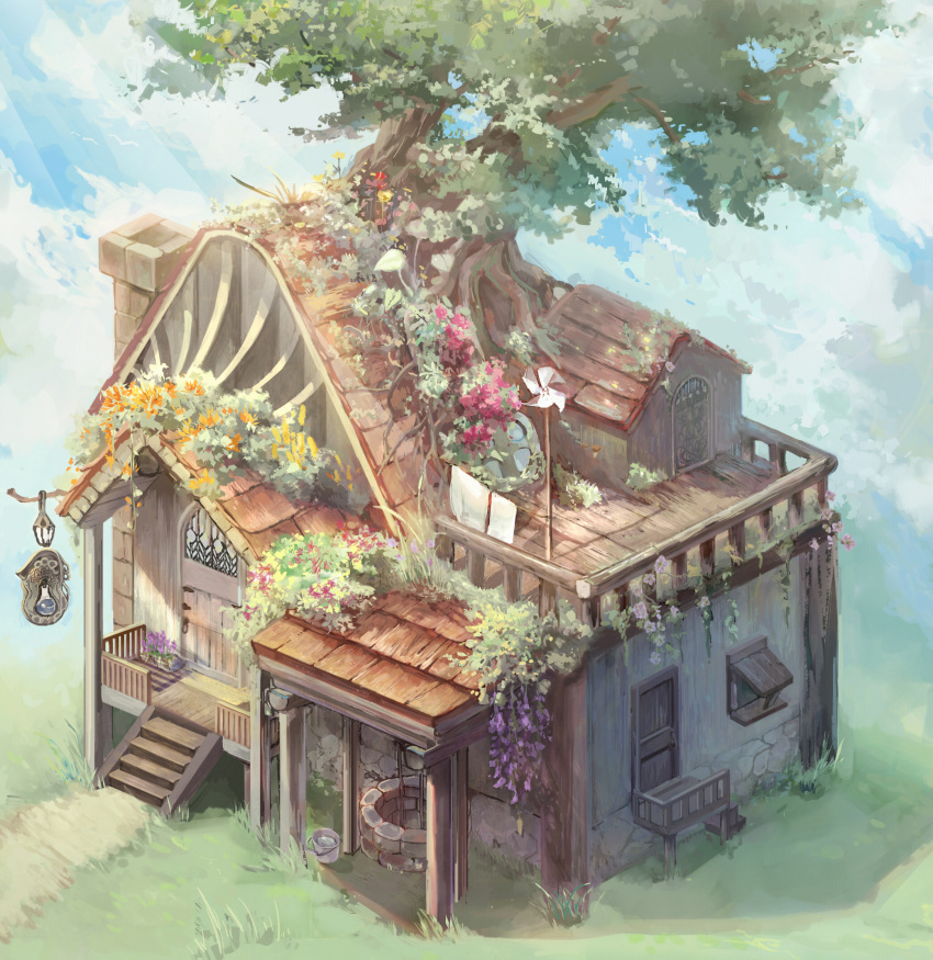 blue_sky bucket building chimney clouds day door flower grass highres house nakulu no_humans orange_flower original outdoors pink_flower pinwheel plant porch potted_plant purple_flower railing rooftop scenery sky stairs sunlight tree well window yellow_flower
