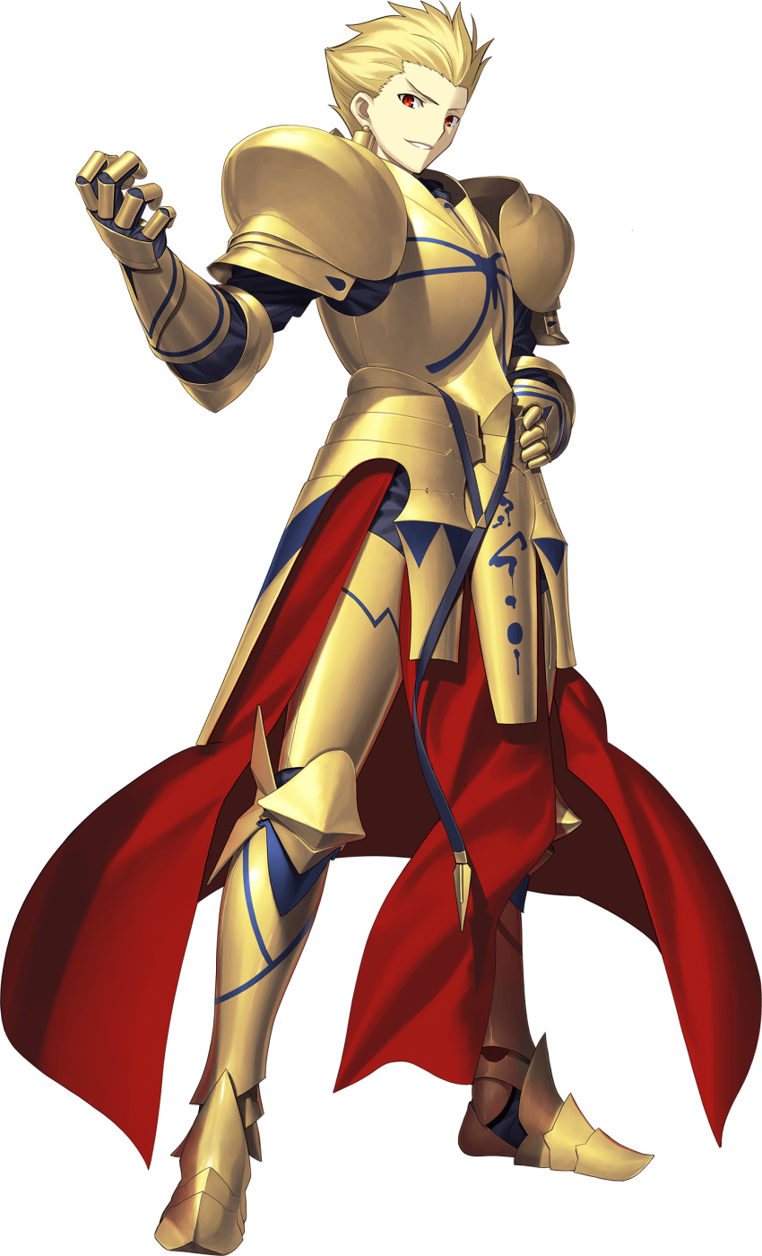 1boy armor armored_boots belt blonde_hair boots breastplate cape earrings fate/grand_order fate_(series) faulds full_armor full_body gauntlets gilgamesh_(fate) gold_armor hair_up hand_on_own_hip highres jewelry looking_at_viewer male_focus non-web_source official_art pauldrons red_eyes short_hair shoulder_armor smile solo spiky_hair tachi-e takeuchi_takashi transparent_background waist_cape