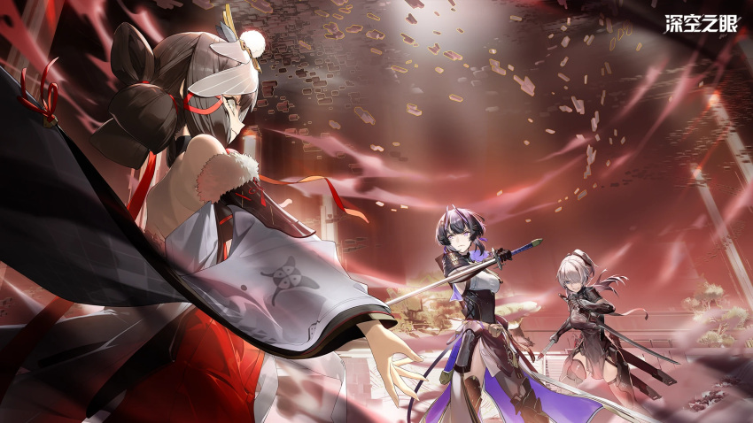 &gt;:( 3girls bare_shoulders black_bodysuit black_dress black_gloves black_thighhighs blue_eyes bodysuit breasts brown_hair character_request chinese_commentary clenched_teeth commentary_request dress dual_wielding elbow_gloves gloves grey_hair hair_ornament hair_over_one_eye highres holding holding_sword holding_weapon horns katana kotachi_(aether_gazer) large_breasts long_hair looking_at_another mechanical_horns multiple_girls official_art official_wallpaper outstretched_arms pelvic_curtain ponytail purple_hair purple_horns red_dress reverse_grip short_hair standing sword teeth thigh-highs tsukuyomi_(aether_gazer) v-shaped_eyebrows violet_eyes weapon yellow_eyes