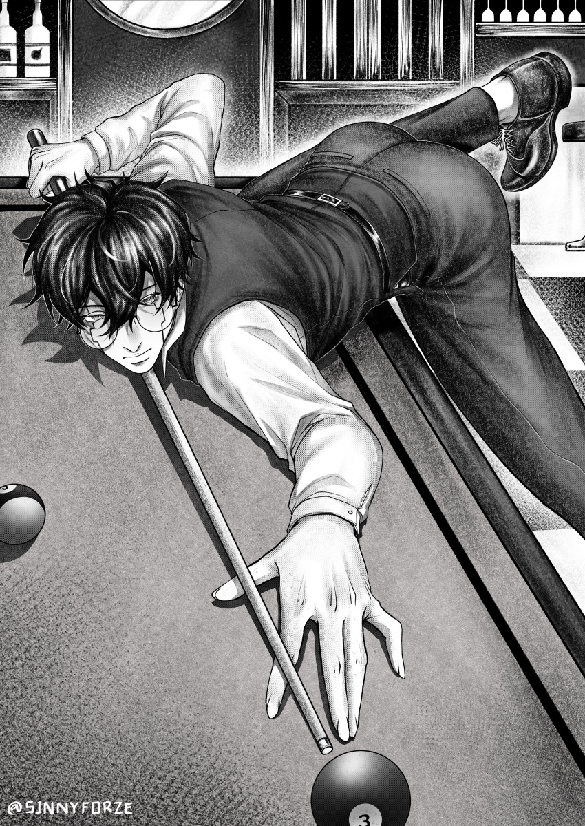 1boy absurdres ball billiard_ball billiards black_hair closed_mouth cue_stick facial_mark glasses highres indoors long_sleeves mashle monochrome orter_madl pool_table short_hair sinnyforze solo table vest