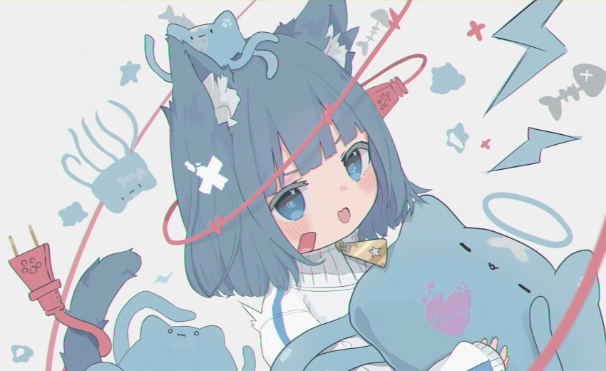 1girl @_@ absurdres animal_ear_fluff animal_ears bandaid bandaid_on_face blue_eyes blue_hair cat_ears cat_girl cat_tail electric_plug fang highres open_mouth oreoreoreo original skin_fang smile tail upper_body white_background