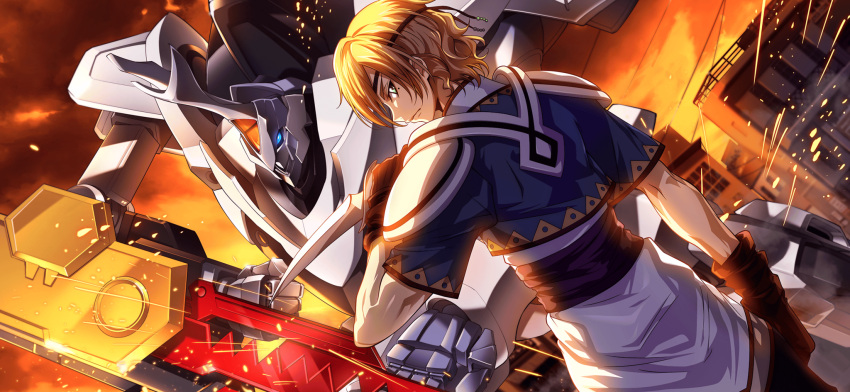 1boy arm_at_side armor artist_request backlighting blonde_hair blue_eyes blue_shirt brown_gloves brown_headband byakuen_(code_geass) closed_mouth clouds code_geass code_geass:_lost_stories code_geass:_soubou_no_oz crop_top dagger dutch_angle from_behind game_cg gloves green_eyes hand_up headband highres holding holding_dagger holding_knife holding_weapon knife looking_at_viewer looking_back male_focus mecha mole mole_under_eye non-web_source official_art orpheus_zevon outdoors profile reverse_grip robot serious shirt short_hair short_sleeves shoulder_armor sidelocks solo sparks standing sunset tunic weapon