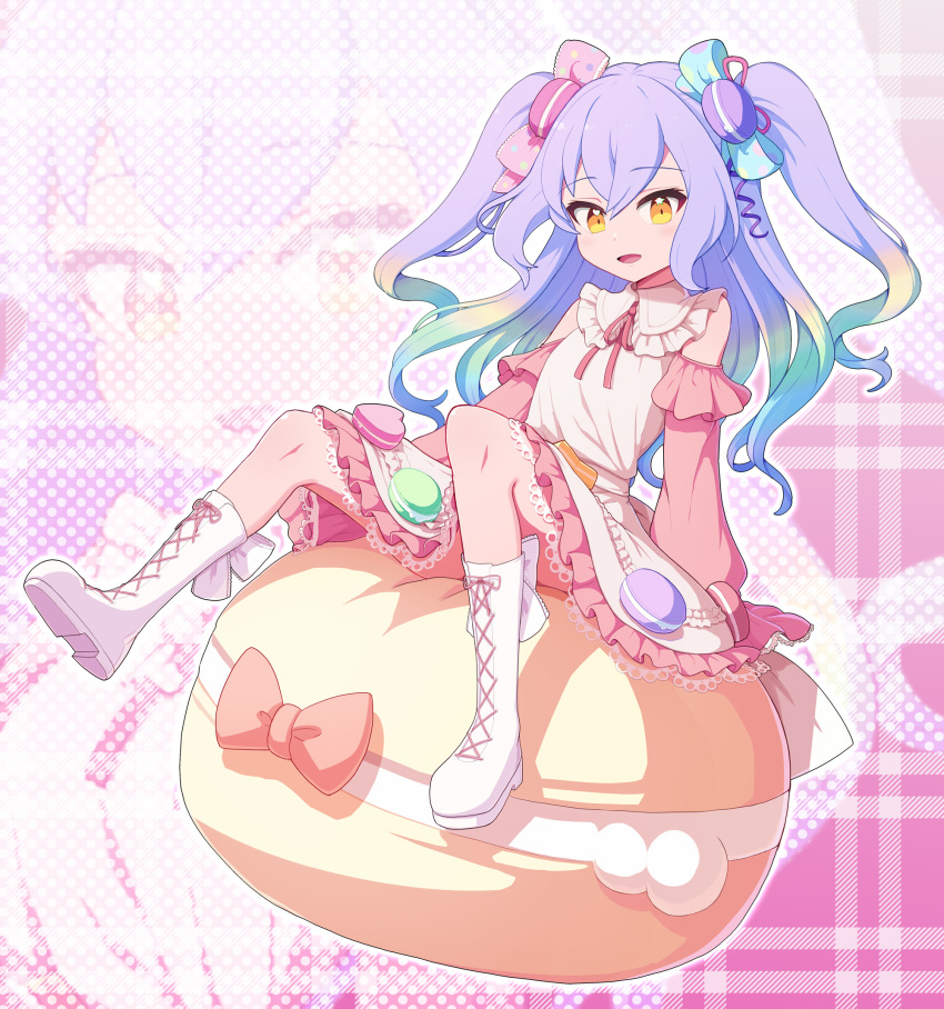 1girl blue_hair boots character_request cross-laced_footwear detached_sleeves gradient_hair green_hair highres iriam knee_boots lace-up_boots long_hair long_sleeves looking_at_viewer multicolored_hair open_mouth purple_hair ranka_(tonbo) sitting smile solo twintails virtual_youtuber white_footwear yellow_eyes