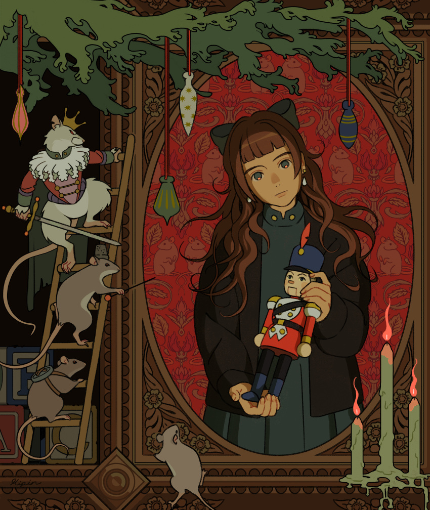 1girl 5boys absurdres brown_hair candle christmas christmas_ornaments christmas_tree climbing collar crown earrings frilled_collar frills grey_eyes highres holding holding_needle holding_sword holding_weapon jewelry ladder long_hair looking_at_object looking_at_viewer mouse mouse_king multiple_boys needle needle_sword nutcracker portrait_(object) red_eyes sarakipin sword the_nutcracker thimble weapon