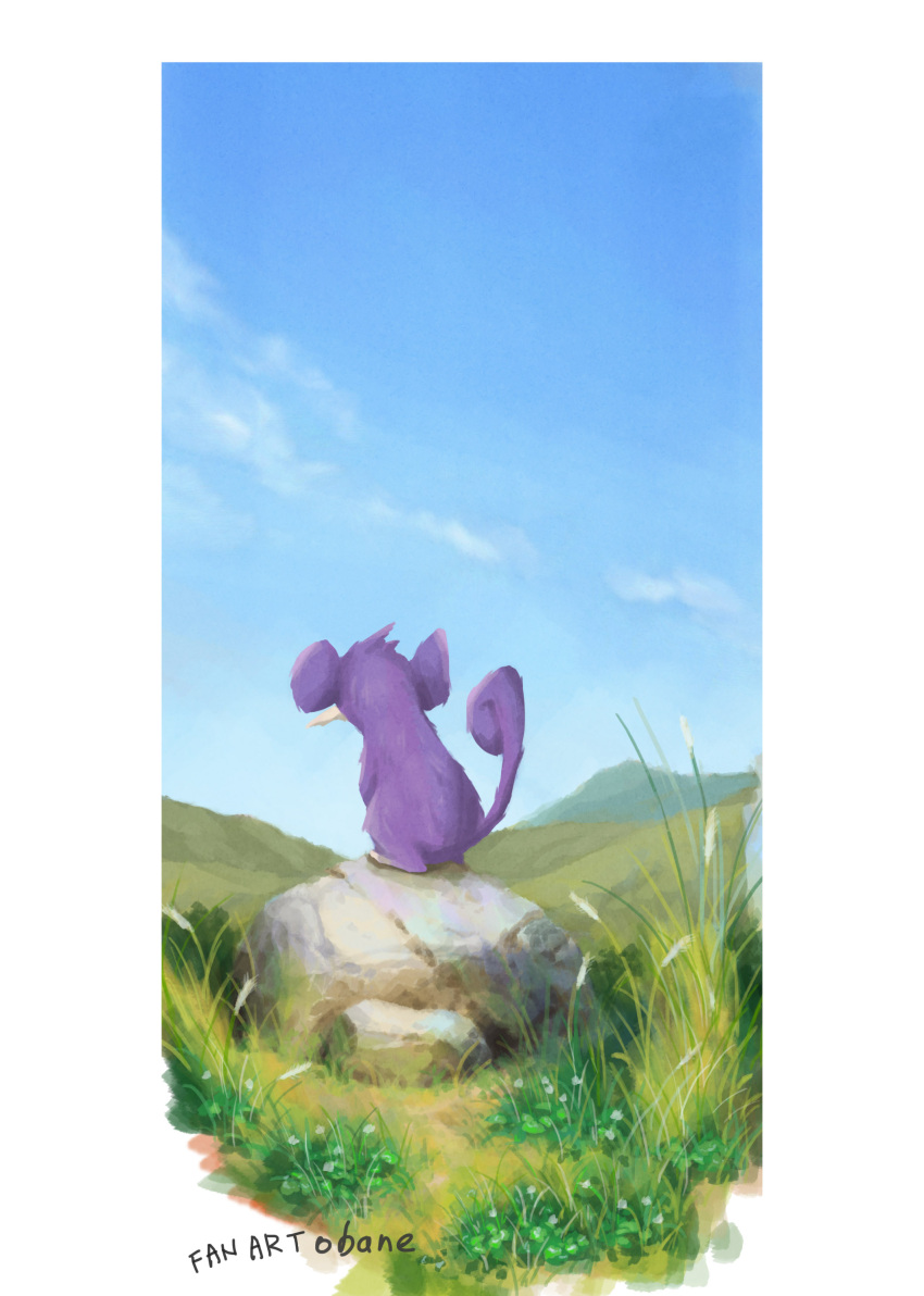 absurdres border clouds commentary day grass highres no_humans obane_(desert00) outdoors pokemon pokemon_(creature) rattata rock signature sky solo white_border