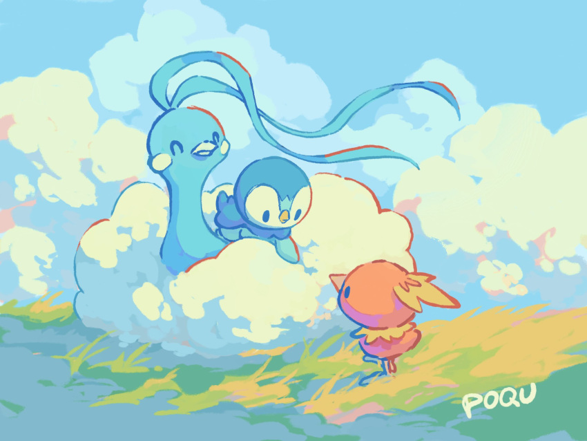 ^_^ altaria animal_focus bird blue_skin blue_sky closed_eyes clouds colored_skin commentary english_commentary fluffy highres no_humans on_grass piplup pokemon pokemon_(creature) poqu sky solid_oval_eyes torchic