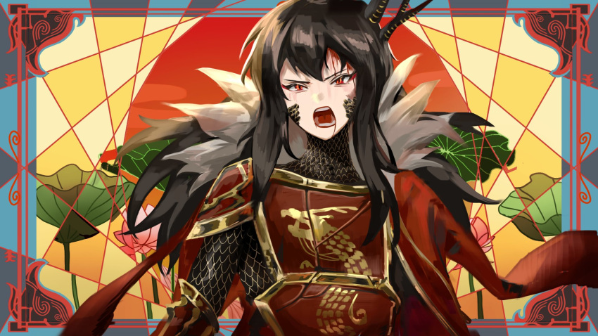 1girl armor brown_hair chinese_armor coat coat_on_shoulders dragon_print flower gold_trim highres horns library_of_ruina lily_pad long_hair looking_at_viewer lotus mili_(band) na-gyou_(nunumaru) open_mouth project_moon red_armor red_coat scales screaming sidelocks solo very_long_hair xiao_(project_moon)
