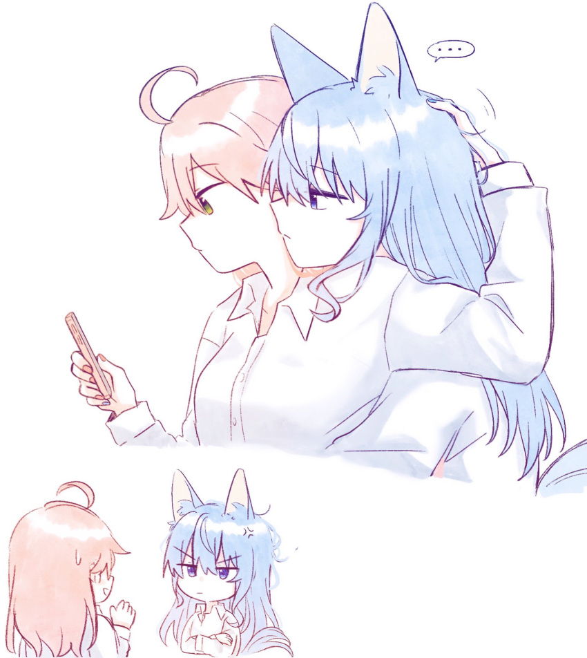 ... 2girls ahoge alternate_costume animal_ear_fluff animal_ears blue_eyes blue_hair cat_ears cat_girl cellphone closed_mouth collared_shirt cropped_torso crossed_arms dress_shirt expressionless green_eyes headpat highres holding holding_phone hololive hoshimachi_suisei kemonomimi_mode long_hair long_sleeves looking_at_phone micomet_(hololive) multiple_girls multiple_views phone pink_hair profile sakura_miko shirt simple_background smartphone spoken_ellipsis star_(symbol) star_in_eye symbol_in_eye v-shaped_eyebrows very_long_hair virtual_youtuber white_background white_shirt yumi5469 yuri